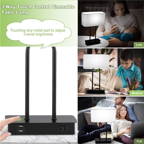 Touch Control Table Lamp with USB Charging Ports Fabric Shade - Picture 4 of 7